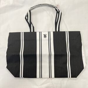 Victoria's Secret Black Cotton Large Weekender Tote Bag Travel White Stripe